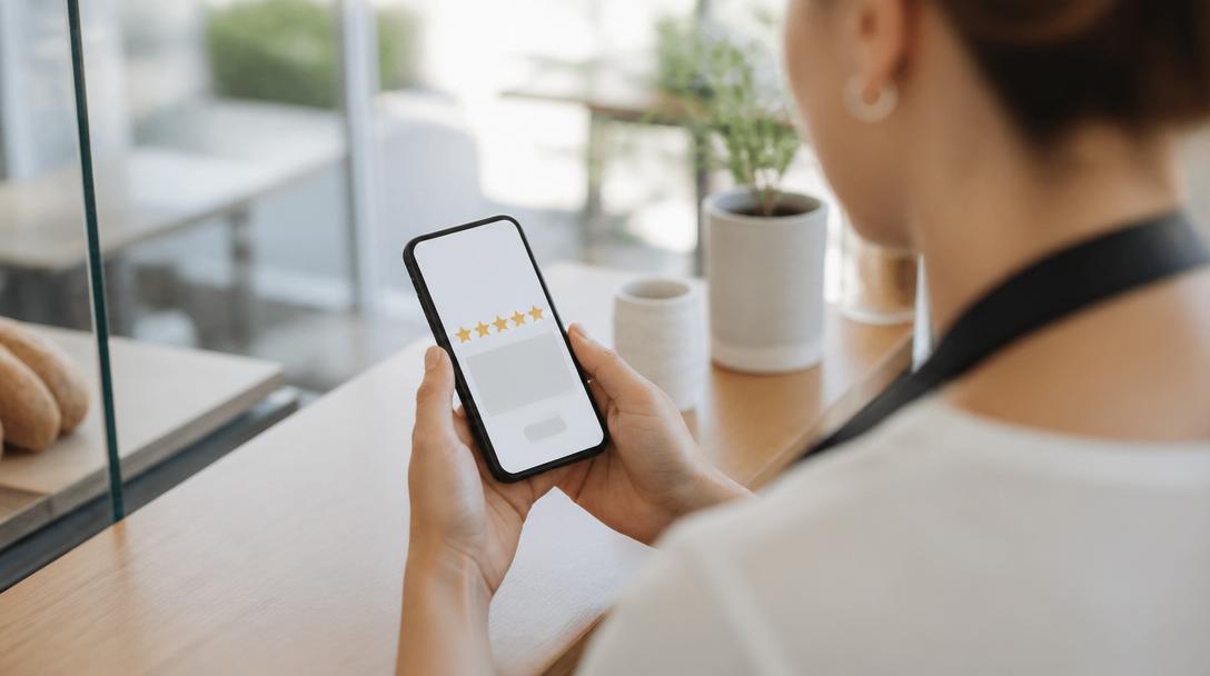 Small business owner reading customer reviews on a smartphone