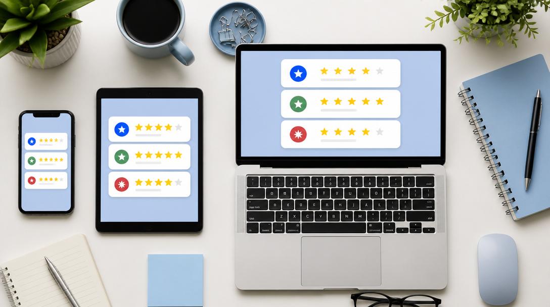 Customer reviews displayed across Google, Facebook and Yelp on multiple devices